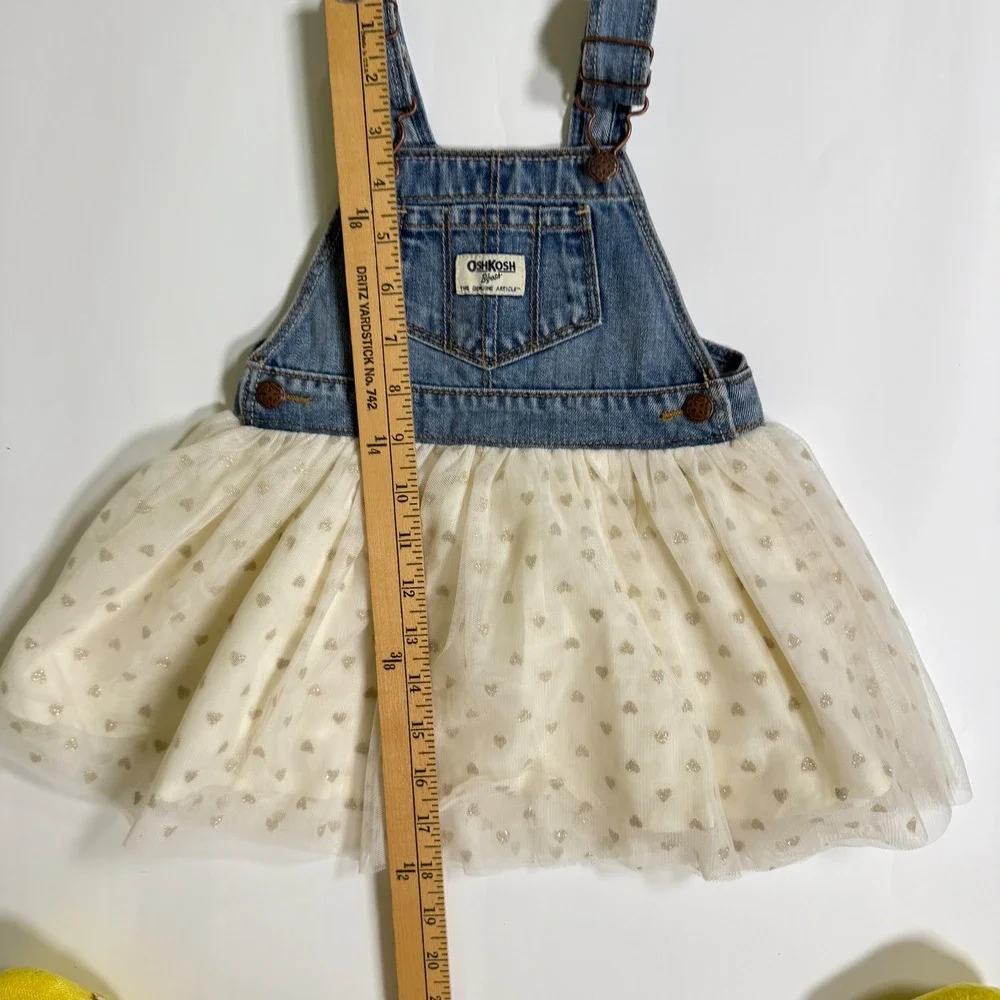 OshKosh B'gosh 24m denim tulle Overall Dress Baby Girls Glitter Hearts